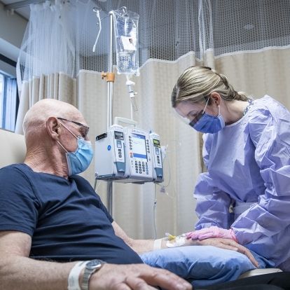 A patient with cancer receiving treatment at KHSC.