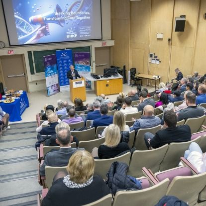 Dr. David Pichora speaks to the attendees of the announcement