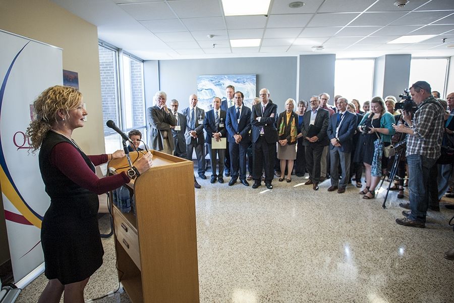 Patient and Research Participant Andra Fawcett speaks during the grand opening