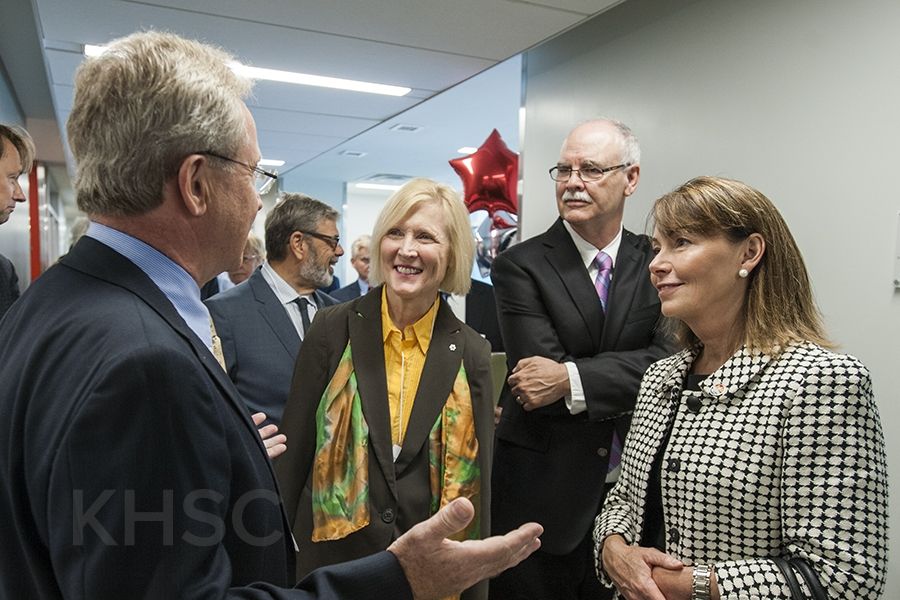 KHSC VP Roger Deeley leads a tour of the new centre for Dr. Roseann Runte, CEO of CFI, Dr. John Fisher Interim Vice Principal (Research) at Queen's University and City Councillor Laura Turner