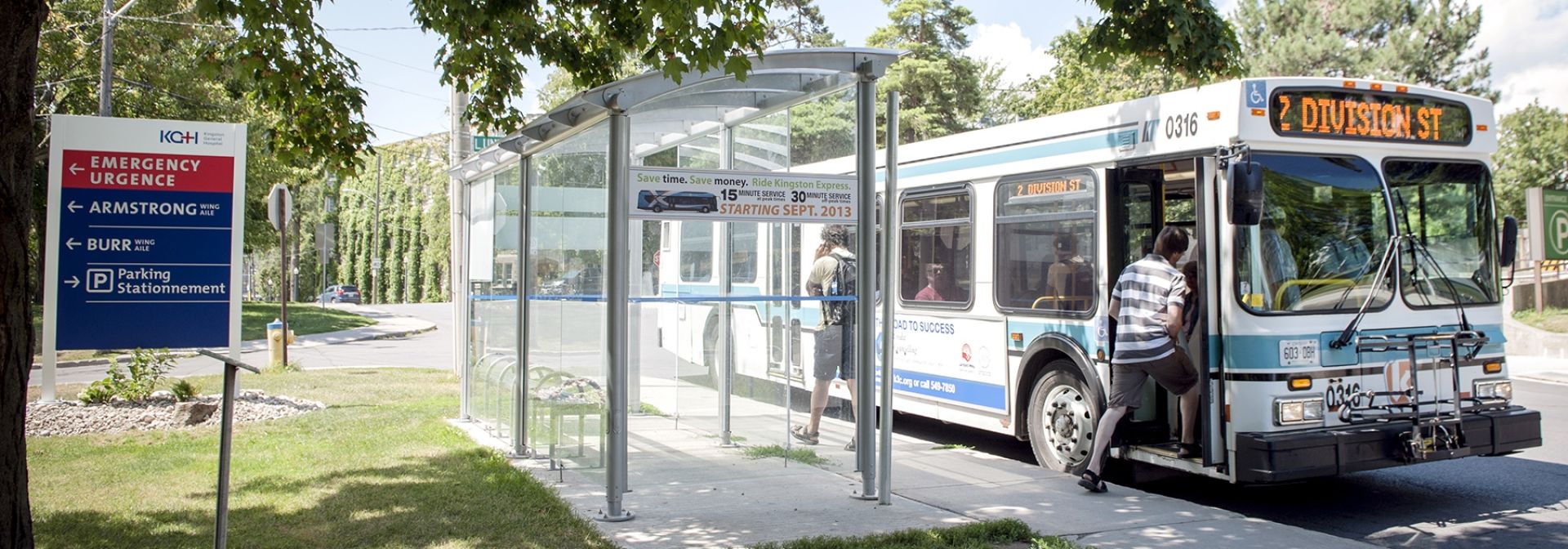 A Kingston City Transit bus stops in front of KGH