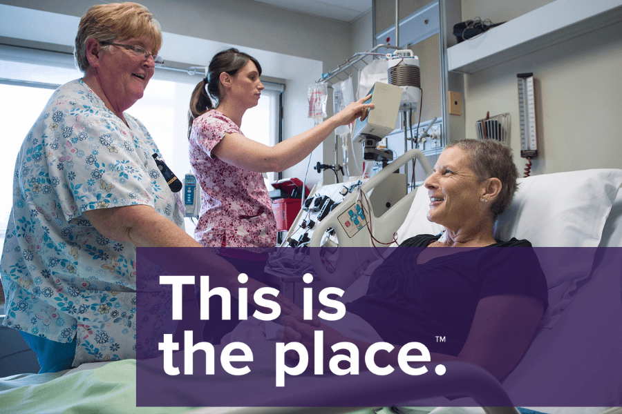 A photo of a patient receiving stem cell therapy with the text "this is the place"