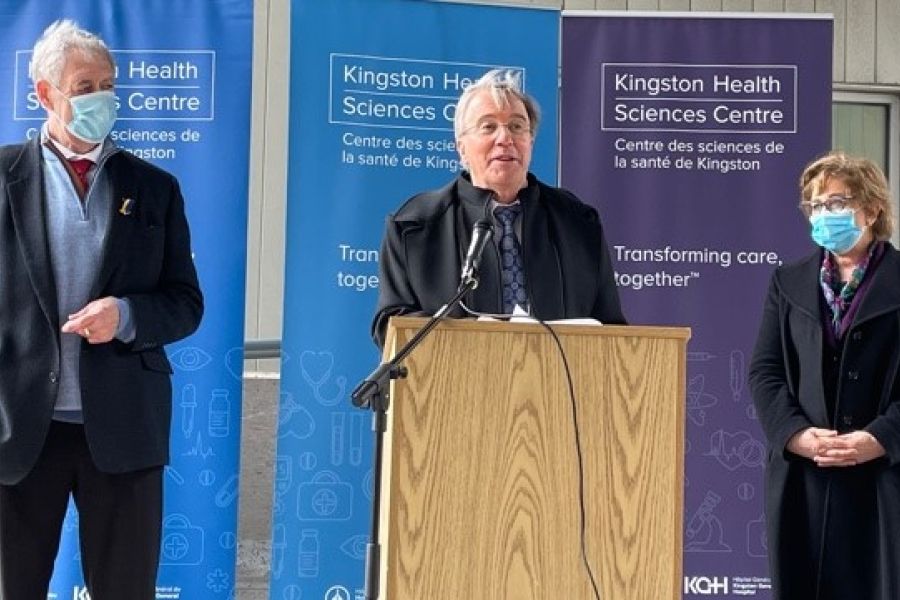 (L to R) MPP Daryl Kramp, President and CEO Dr. David Pichora and Parliamentary Assistant to the Minister of Health Robin Martin announce funding for a new Kingston satellite dialysis clinic.