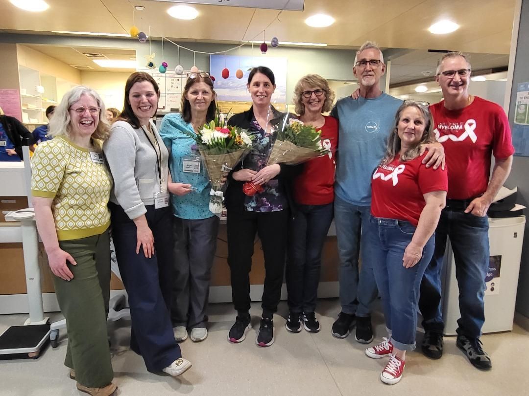 Staff from KHSC's oncology team and representatives from Myeloma Canada pose with winners Angie Bauder and Julie Williams (centre)